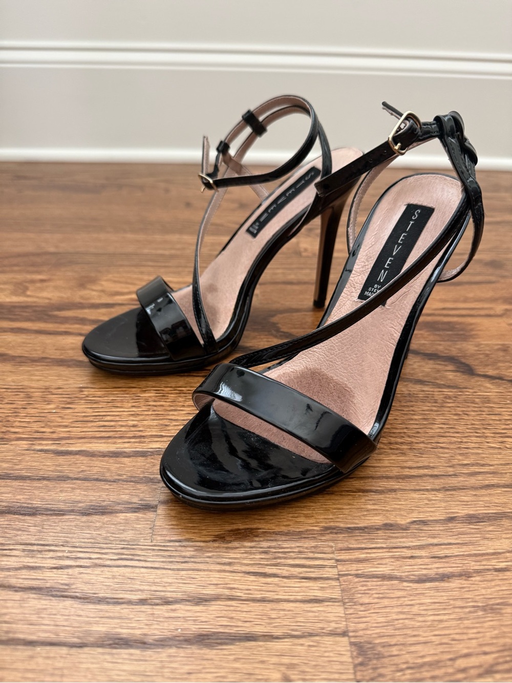 Steven by Steve Madden Black Patent Ankle Strap Stiletto Sandals